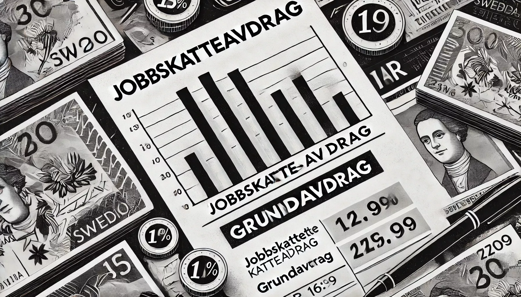 "En illustrativ bild med två separata stapeldiagram som representerar jobbskatteavdrag och grundavdrag, med svenska kronor och deklarationsblanketter i bakgrunden