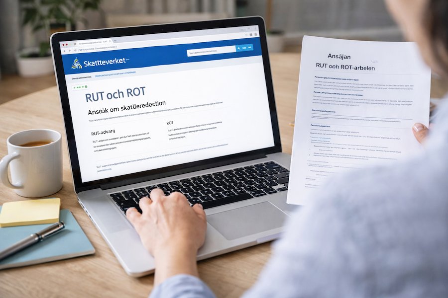 Person deklarerar RUT och ROT-avdrag hemma vid dator, med Skatteverkets e-tjänst på skärmen och dokument i handen.